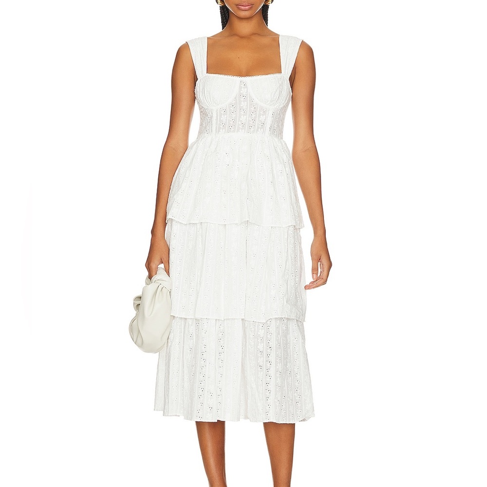 WeWoreWhat Corset Midi Eyelet White Tiered Dress